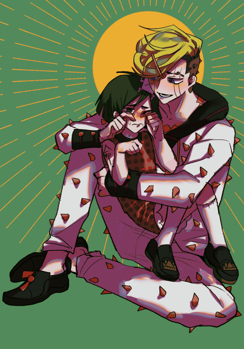 2boys body_writing child comforting crossdressing crying dress father_and_son green_background green_hair higashikata_jobin higashikata_tsurugi highres jojo_no_kimyou_na_bouken jojolion male_focus multiple_boys otoko_no_ko simple_background sitting sitting_on_lap sitting_on_person swampland tears wiping_tears