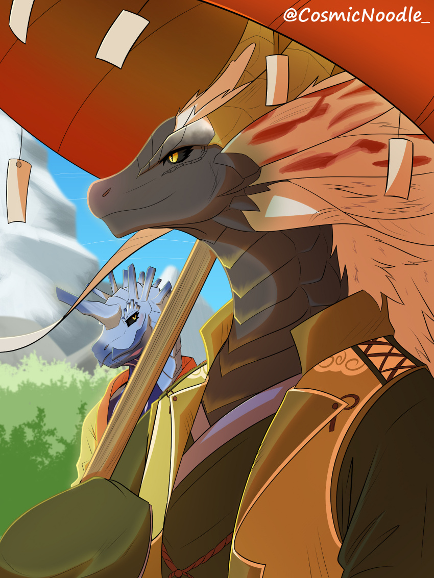 amatsu_(mh) anthro anthrofied blue_body blush capcom clothed clothing cosmic_noodle digital_media_(artwork) dragon duo elder_dragon hair hi_res horn ibushi_(elder_dragon) looking_at_another male markings monster_hunter multicolored_body mythological_creature mythological_scalie mythology parasol robe scales scalie shaded simple_background smile topwear white_hair yellow_eyes yellow_markings