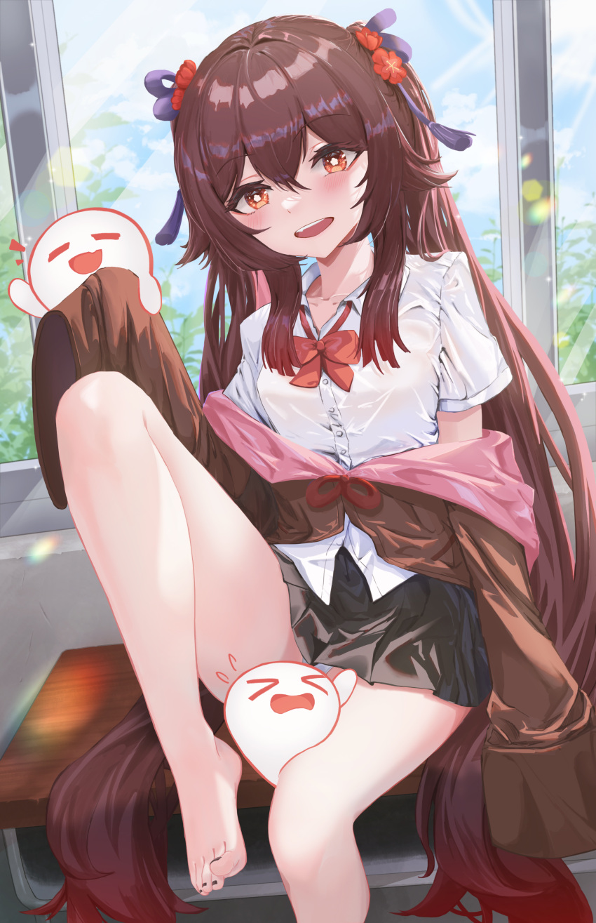 1girl absurdres boo_tao_(genshin_impact) bow bowtie breasts brown_hair brown_jacket dacha00001 flower flower-shaped_pupils genshin_impact hair_between_eyes highres hu_tao_(genshin_impact) jacket long_hair long_sleeves looking_at_viewer medium_breasts open_mouth panties red_bow red_bowtie red_eyes school_uniform shirt smile solo symbol-shaped_pupils twintails underwear very_long_hair white_panties white_shirt