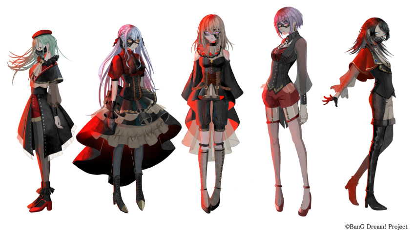 5girls ascot ave_mujica_(bang_dream!) bang_dream! bang_dream!_it's_mygo!!!!! black_ascot black_capelet black_footwear black_gloves black_hair black_mask black_pantyhose black_ribbon black_shirt black_shorts black_skirt black_vest blonde_hair blue_eyes blue_hair boots capelet clothing_cutout collared_shirt commentary_request domino_mask earrings garter_straps gloves green_hair grey_socks hair_ribbon hat high_heel_boots high_heels highres jewelry kneehighs long_hair long_sleeves looking_at_viewer mask medium_hair misumi_uika mouth_mask multiple_girls official_art pantyhose parted_lips pink_eyes purple_eyes purple_hair red_capelet red_footwear red_hat red_shirt red_shorts ribbon see-through see-through_sleeves shirt short_sleeves shorts shoulder_cutout simple_background skirt socks syakemayusan thigh_boots togawa_sakiko two_side_up vest wakaba_mutsumi white_ascot white_background white_shirt yahata_umiri yellow_eyes yuutenji_nyamu