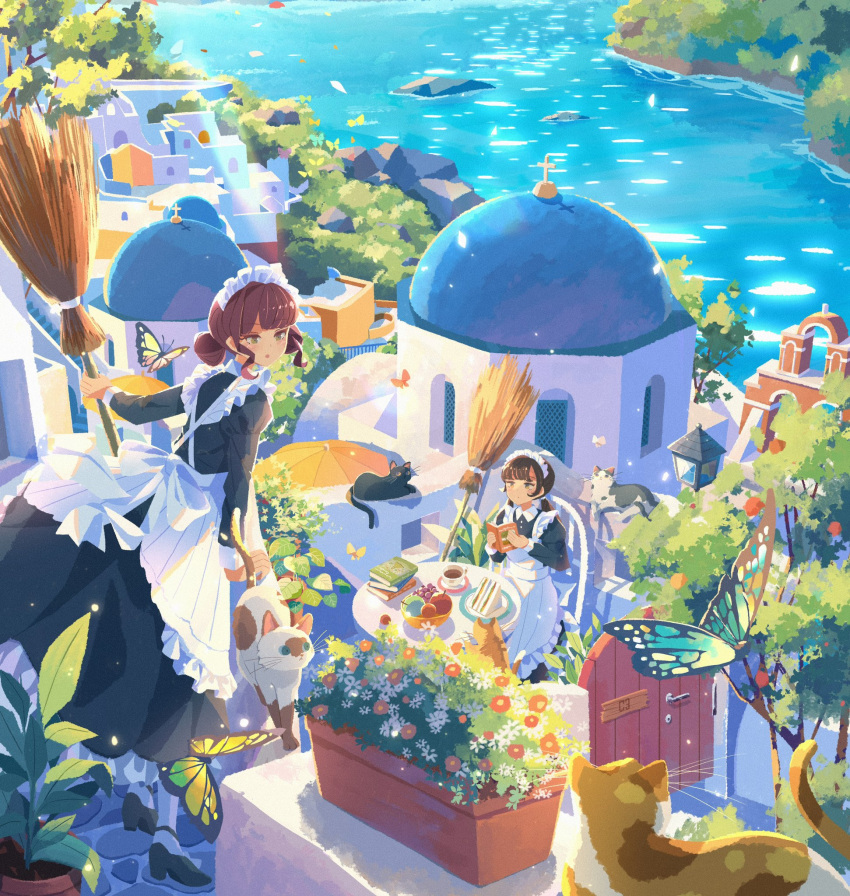 2girls apron atelier_umiyury book broom brown_cat brown_hair bug butterfly cat cat_day cityscape commentary cross day flower food frills fruit greece highres holding holding_book holding_broom house maid maid_apron maid_headdress monarch_butterfly multiple_girls ocean original outdoors plant potted_plant scenery short_hair tree water