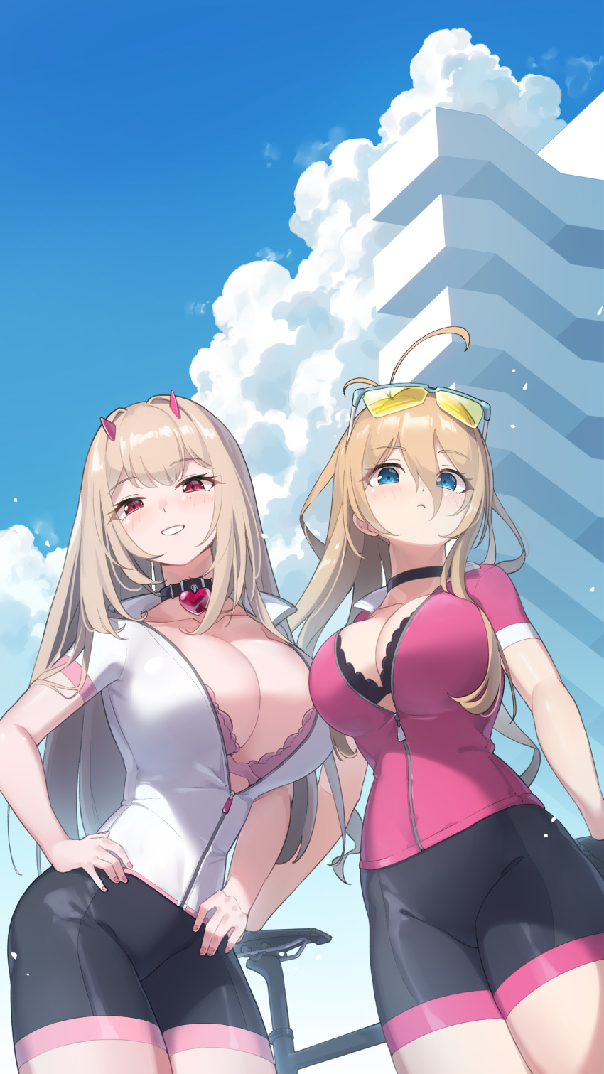 2girls absurdres alternate_costume arukiru bike_jersey bike_shorts black_choker black_shorts blue_eyes blush breasts choker cleavage cloud collarbone commission cowboy_shot danganronpa_(series) danganronpa_v3:_killing_harmony day eyewear_on_head from_below goddess_of_victory:_nikke grin hair_between_eyes highres iruma_miu jacket large_breasts long_hair multiple_girls outdoors pink_jacket red_eyes short_sleeves shorts skeb_commission smile sunglasses teeth viper_(nikke)