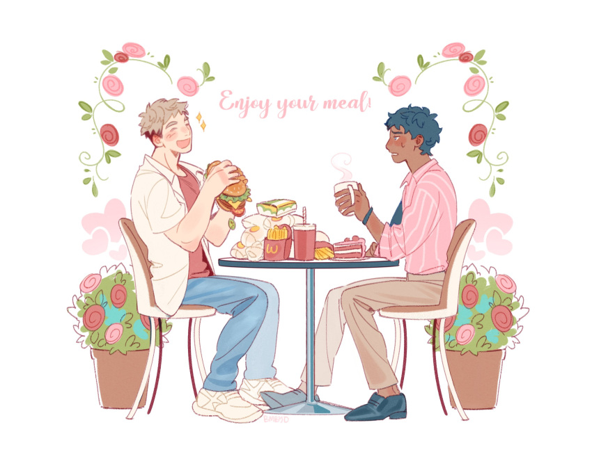 2boys black_footwear black_hair blue_pants bombyoon brown_hair brown_pants burger cake chair closed_eyes collared_shirt cup dark-skinned_male dark_skin dating disposable_cup dungeon_meshi eating english_text facing_another flower food french_fries full_body hand_up hashtag-only_commentary highres holding holding_burger holding_cup holding_food kabru laios_touden light_brown_hair looking_at_another male_focus mcdonald's mug multiple_boys open_mouth pants pink_flower pink_rose pink_shirt pink_theme plant potted_plant red_flower red_rose red_shirt rose shirt shoes short_hair short_sleeves simple_background sitting sneakers striped_clothes striped_shirt table too_much_food undercut very_short_hair white_footwear white_shirt yaoi