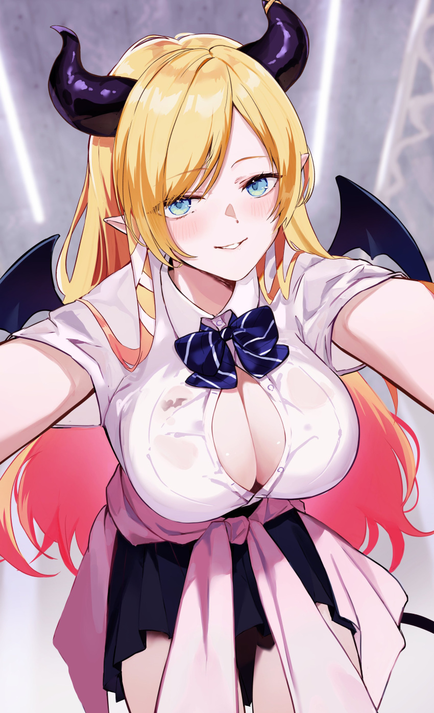 1girl absurdres aya02ka black_skirt blonde_hair blue_eyes breast_tattoo breasts cleavage clothes_around_waist collared_shirt demon_girl demon_horns demon_wings gradient_hair heart heart_tattoo highres hololive horns jacket jacket_around_waist large_breasts long_hair looking_at_viewer multicolored_hair outstretched_arms parted_lips partially_unbuttoned pink_hair pink_jacket pleated_skirt pointy_ears see-through see-through_shirt shirt short_sleeves skirt smile solo tattoo two-tone_hair unbuttoned unbuttoned_shirt virtual_youtuber wings yuzuki_choco