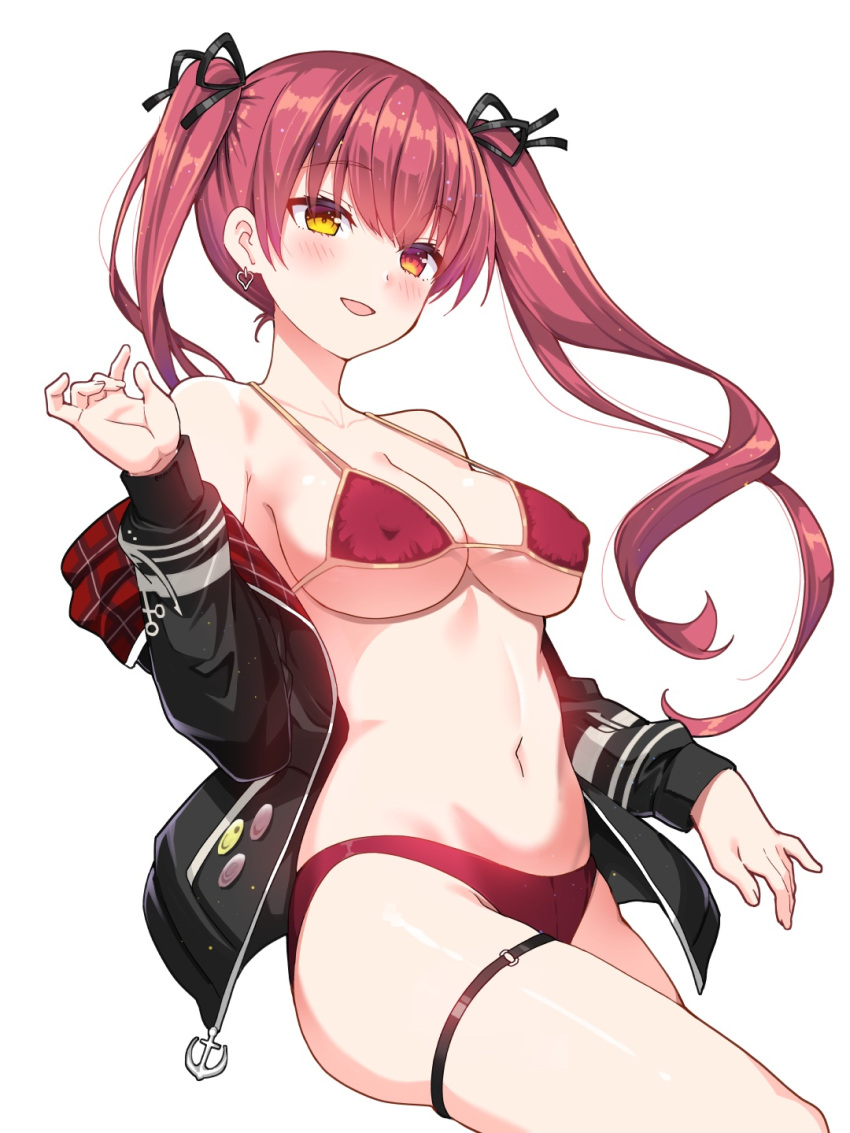 1girl bikini black_jacket black_ribbon blush breasts cleavage collarbone covered_nipples earrings gold_earrings hair_between_eyes hair_ribbon heart heart_earrings heterochromia highres hololive houshou_marine houshou_marine_(summer) ishida_aya jacket jewelry large_breasts long_hair long_sleeves looking_at_viewer navel o-ring o-ring_thigh_strap off_shoulder official_alternate_costume open_clothes open_jacket open_mouth red_bikini red_hair ribbon smile solo stomach swimsuit thigh_strap thighs twintails underboob virtual_youtuber white_background