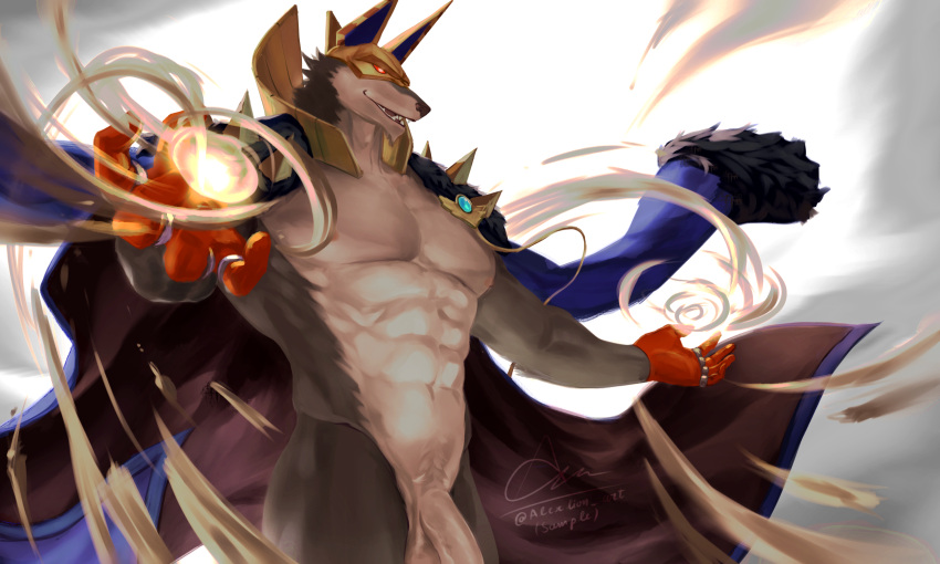 1boy abs bara blue_coat coat dislyte english_commentary fangs furry furry_male gloves highres hinnab_art jackal_boy looking_to_the_side magic male_focus mask muscular muscular_male nude open_mouth orange_gloves pectorals penis sand sander_(set)_(dislyte) signature twitter_username