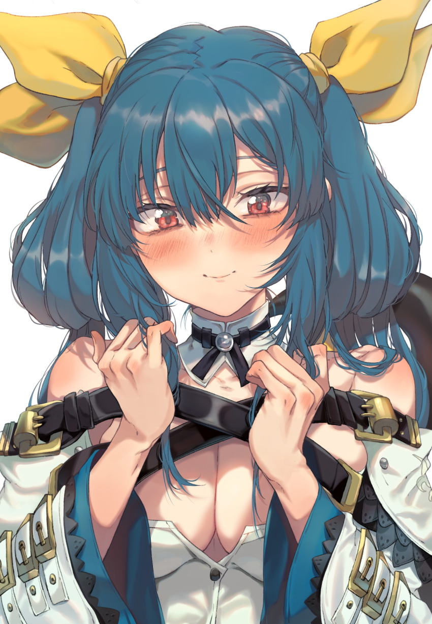 1girl belt black_belt blue_hair blush breasts cleavage closed_mouth commentary_request detached_sleeves dizzy_(guilty_gear) dress eyebrows_hidden_by_hair guilty_gear guilty_gear_xrd hair_between_eyes hair_ribbon hands_up highres kayanogura long_hair long_sleeves looking_at_viewer medium_breasts red_eyes ribbon simple_background smile solo twintails upper_body white_background white_dress white_sleeves wide_sleeves yellow_ribbon