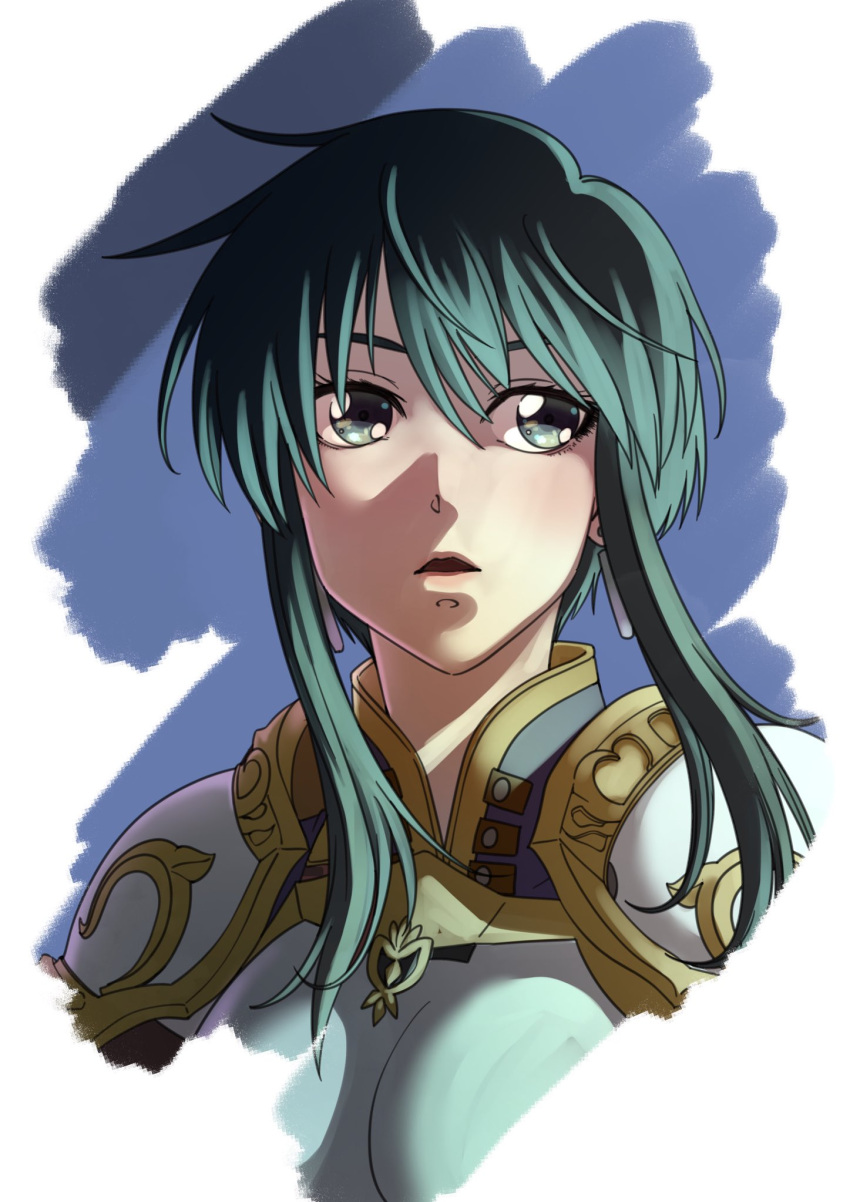 1girl :o aduti_momoyama armor black_hair breastplate cowlick earrings fire_emblem fire_emblem:_genealogy_of_the_holy_war hair_between_eyes highres jewelry larcei_(fire_emblem) looking_to_the_side open_mouth purple_tunic short_hair shoulder_armor sidelocks simple_background solo tunic upper_body