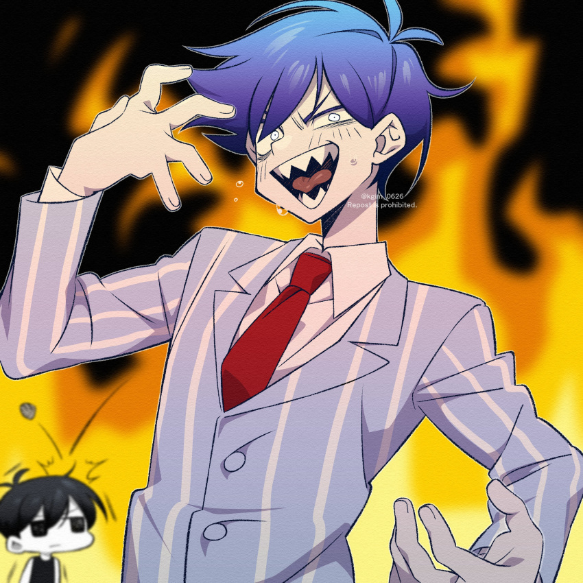 2boys absurdres black_eyes black_hair bossman_hero closed_mouth collared_shirt colored_skin fire hero_(headspace)_(omori) hero_(omori) highres kageimo long_sleeves looking_at_viewer multiple_boys necktie omori open_mouth purple_hair red_necktie sharp_teeth shirt short_hair teeth tongue twitter_username white_eyes white_shirt white_skin