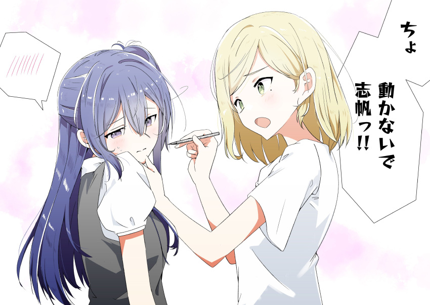 2girls applying_makeup averting_eyes black_dress blonde_hair blue_hair blush breasts closed_mouth commentary_request dress enshu_suruga green_eyes hair_between_eyes half_updo hand_on_another's_chin highres izumi_shiho long_hair medium_hair mizuguchi_aki mole mole_under_eye multiple_girls nervous_sweating one_side_up open_mouth pinafore_dress puffy_short_sleeves puffy_sleeves purple_eyes revision sasayaku_you_ni_koi_wo_utau shirt short_sleeves sidelocks simple_background sleeveless sleeveless_dress small_breasts spoken_blush sweat translation_request white_background white_shirt