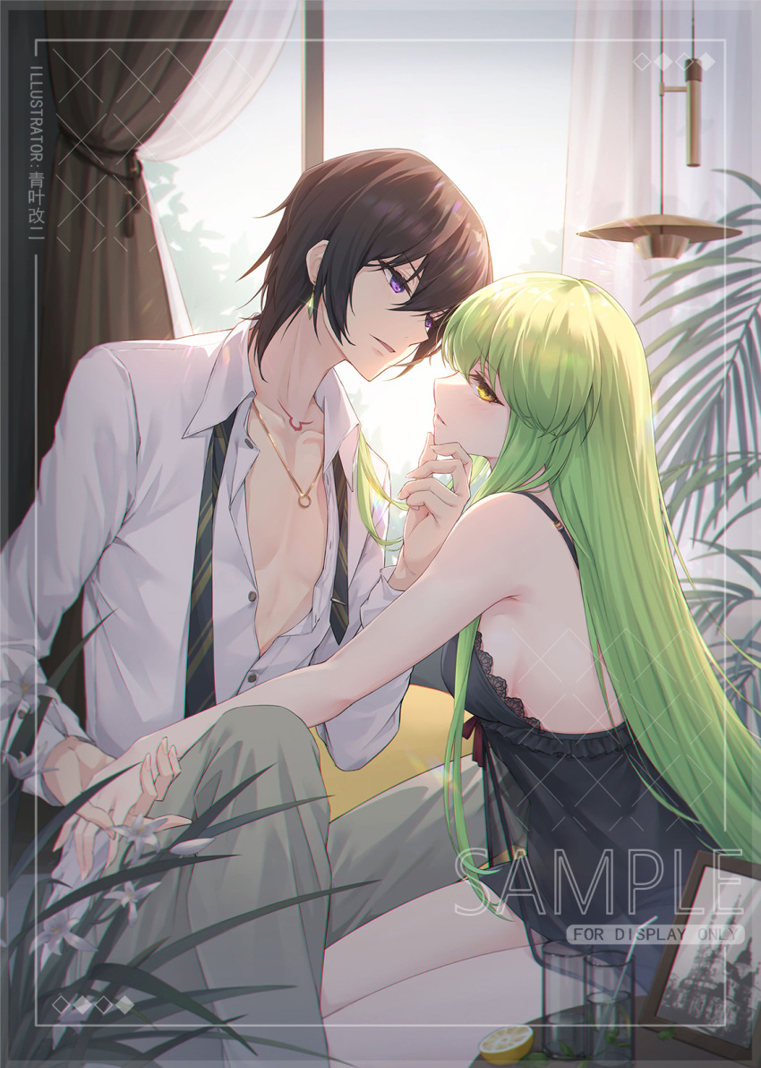 1boy 1girl aoba_aratame_ni babydoll black_babydoll brown_hair c.c. code_geass couple earrings green_hair hand_on_another's_chin highres jewelry lelouch_vi_britannia long_hair purple_eyes unbuttoned unbuttoned_shirt yellow_eyes