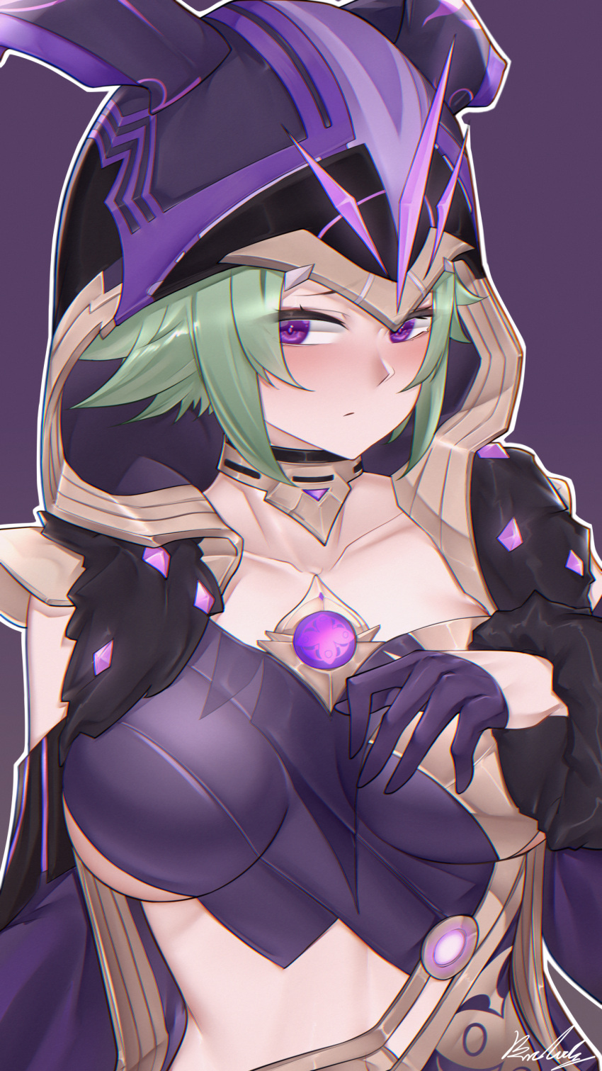 1girl absurdres blush breasts bwcloud cicin_mage_(genshin_impact) cloak commentary_request delusion_(genshin_impact) electro_cicin_mage_(genshin_impact) fur_cuffs fur_trim genshin_impact green_hair highres hood hood_up hooded_cloak large_breasts leotard long_sleeves looking_at_viewer purple_background purple_cloak purple_eyes purple_leotard short_hair simple_background