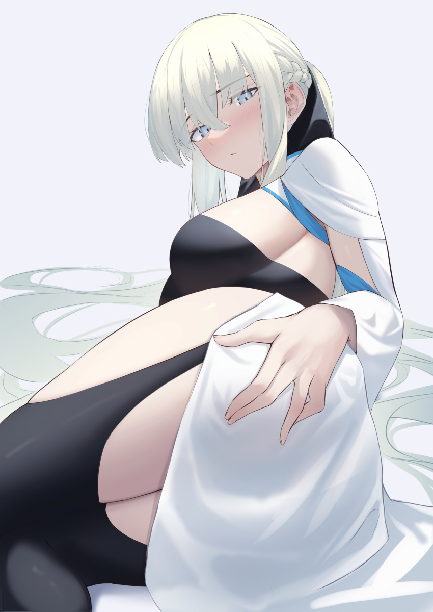 1girl absurdres ass black_bow black_dress black_thighhighs blue_eyes bow braid breasts dress fate/grand_order fate_(series) french_braid grey_hair hair_bow highres large_breasts long_hair long_sleeves looking_at_viewer morgan_le_fay_(fate) okuma707 ponytail sidelocks solo thighhighs thighs two-tone_dress very_long_hair white_dress wide_sleeves