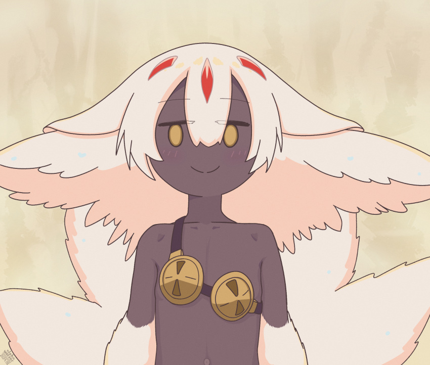 1girl alphawolver animal_ear_fluff animal_ears blush bone bra child closed_mouth collarbone dark-skinned_female dark_skin faputa flat_chest fluff fluffy furry furry_female hair_between_eyes highres looking_at_viewer made_in_abyss monster_girl multiple_tails navel onii-chan_wa_oshimai! parody scene_reference smile solo standing tail topless underwear upper_body white_fur white_hair yellow_background yellow_bra yellow_eyes