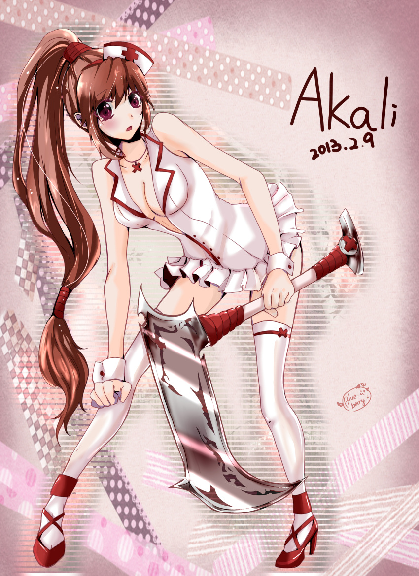 1girl absurdres akali blush breasts brown_hair character_name cleavage commentary_request cross cross_necklace dated dress frilled_dress frills full_body hat high_ponytail highres jewelry kama_(weapon) lanmei_jiang league_of_legends leaning_forward long_hair looking_at_viewer low-tied_long_hair medium_breasts necklace nurse nurse_akali nurse_cap open_mouth ponytail red_eyes red_footwear shoes short_dress sickle solo standing thighhighs very_long_hair white_dress white_thighhighs wrist_cuffs