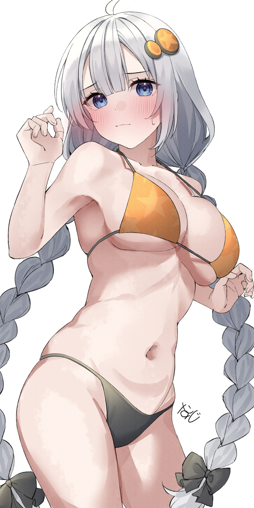 1girl absurdres ahoge bikini black_bow blue_eyes blush bow braid breasts closed_mouth cowboy_shot grey_hair hair_bow highres kawai_ritsu_(rits_meg) kizuna_akari large_breasts long_hair looking_at_viewer low_twin_braids navel solo star_(symbol) star_print stomach swimsuit twin_braids voiceroid yellow_bikini