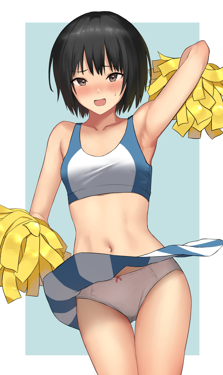 :d absurdres amagami arm_up armpits bare_shoulders black_hair blue_background blue_skirt blue_sports_bra blush border bow bow_panties breasts brown_eyes cheering cheerleader clothes_lift collarbone commentary commission embarrassed highres itsuki_nofuji looking_at_viewer midriff nanasaki_ai navel nose_blush open_mouth outside_border paid_reward_available panties pink_bow pom_pom_(cheerleading) raised_eyebrows short_hair simple_background skeb_commission skirt skirt_lift small_breasts smile sports_bra standing striped_clothes striped_skirt thigh_gap two-tone_skirt two-tone_sports_bra underwear vertical-striped_clothes vertical-striped_skirt white_border white_panties white_skirt white_sports_bra wind wind_lift