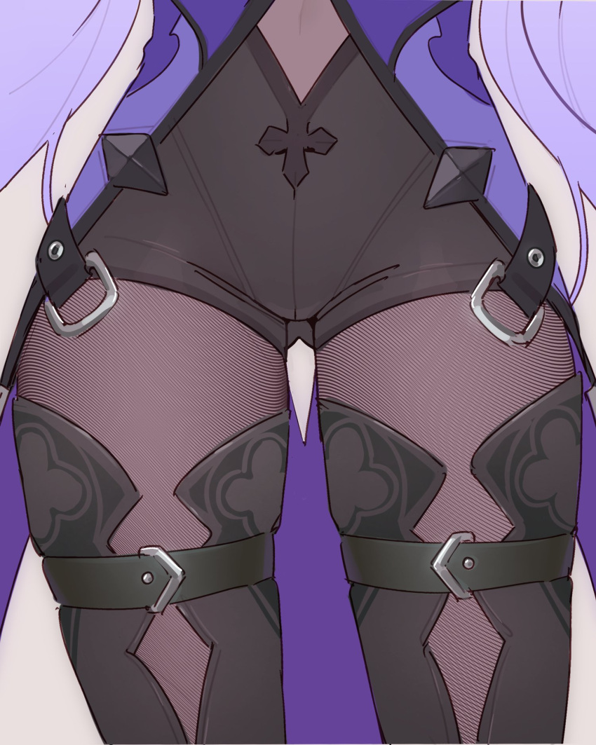 1girl belt belt_buckle black_belt black_pantyhose black_swan_(honkai:_star_rail) buckle close-up covered_navel dress hair_spread_out highres honkai:_star_rail honkai_(series) liniorav long_hair navel pantyhose pantyhose_under_shorts purple_dress purple_hair shorts solo very_long_hair