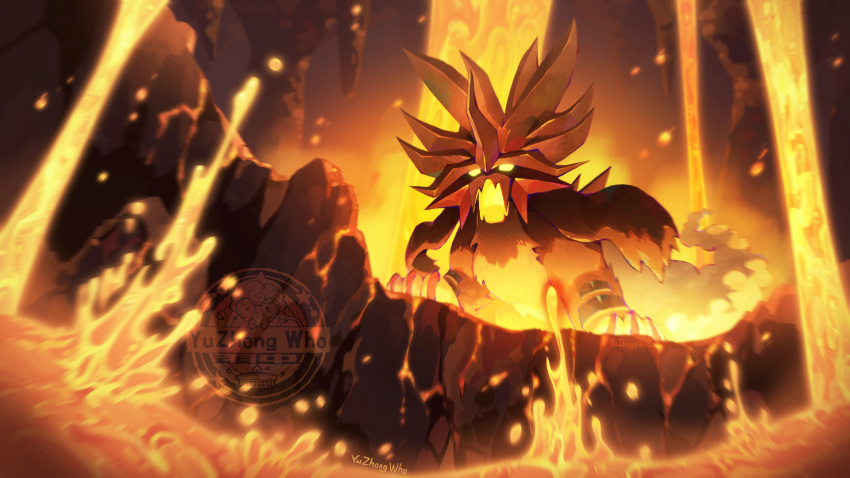 all_fours artist_logo blurry blurry_foreground body_fur brown_footwear fluffy glowing glowing_eyes gouging_fire highres lava open_mouth pokemon pokemon_(creature) sharp_teeth solo teeth watermark yuzhongwho