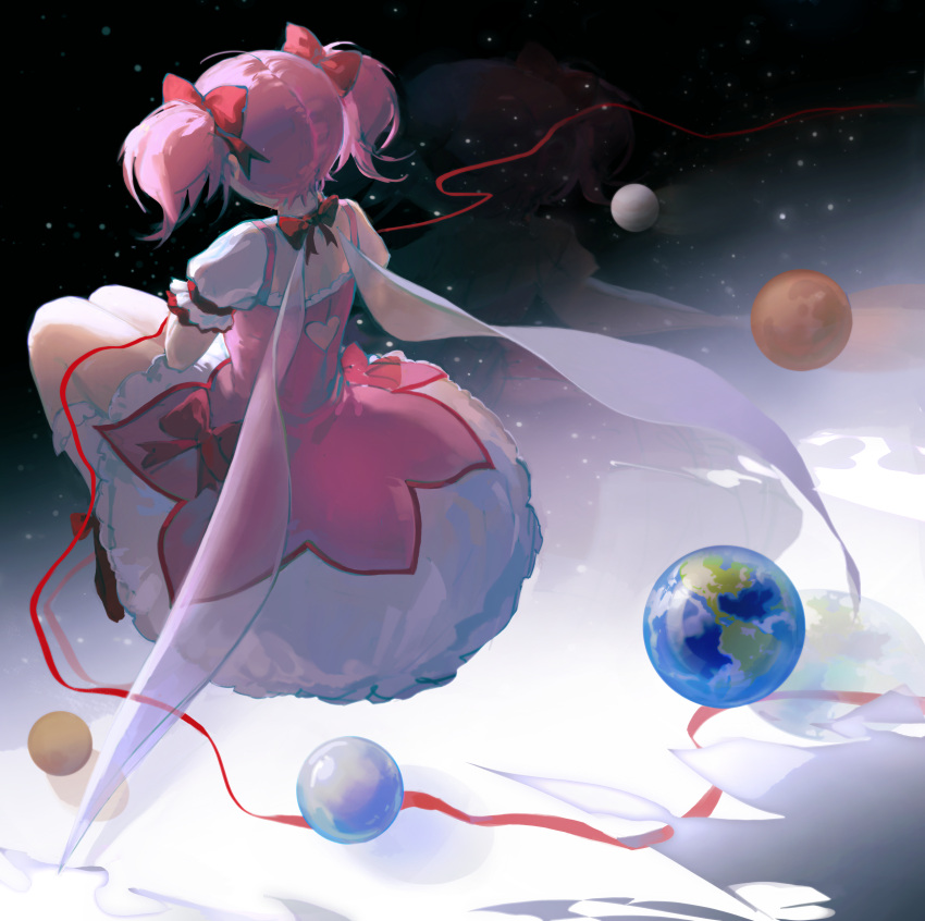 1girl absurdres back_bow black_sky bow bow_choker bubble_skirt chinese_commentary commentary_request dress earth_(planet) facing_away frilled_dress frilled_skirt frilled_sleeves frilled_socks frills from_above full_body hair_bow highres invisible_chair kaname_madoka kneehighs mahou_shoujo_madoka_magica mahou_shoujo_madoka_magica_(anime) pink_dress planet procreate_(medium) puffy_short_sleeves puffy_sleeves red_bow red_ribbon reflection ribbon short_hair short_sleeves short_twintails sitting skirt sky socks solo space star_(sky) starry_sky transparent_wings twintails white_skirt white_socks wings ziyuan_zuan