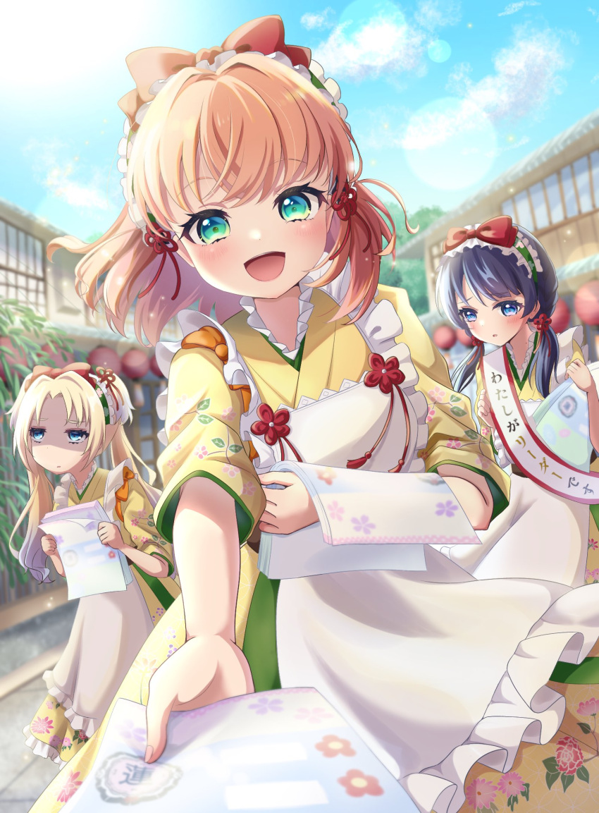 3girls :d :o apron aqua_eyes blonde_hair blue_eyes blue_hair blue_sky blurry blurry_background blush bow crossed_bangs dark_blue_hair dutch_angle exhausted floating_hair flower_knot frilled_apron frills gradient_hair grey_hair hair_bow highres hinoshita_kaho holding_flyer japanese_clothes kimono link!_like!_love_live! long_hair looking_at_viewer love_live! low_twintails maid maid_apron maid_headdress medium_hair mole mole_on_neck multicolored_hair multiple_girls murano_sayaka official_alternate_costume open_mouth orange_hair osawa_rurino paper_stack parted_bangs red_bow ritaso sash shaded_face shoulder_sash sky smile twintails two_side_up virtual_youtuber wa_maid white_apron yellow_kimono