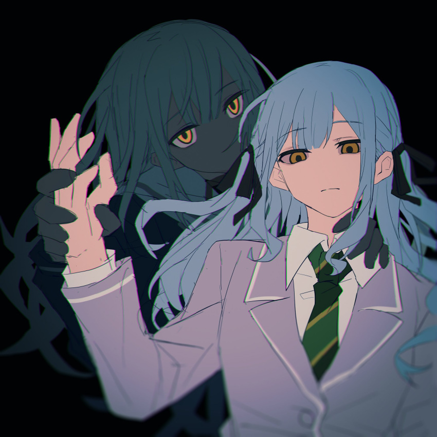 2girls bang_dream! bang_dream!_it's_mygo!!!!! black_background black_ribbon blue_hair chinese_commentary closed_mouth collared_shirt commentary_request expressionless green_necktie grey_jacket hair_ribbon hand_on_another's_shoulder haneoka_school_uniform highres holding_another's_wrist jacket long_hair long_sleeves looking_at_viewer multiple_girls necktie ribbon sailor_collar school_uniform shirt simple_background togawa_sakiko tsukinomori_school_uniform two_side_up upper_body wakaba_mutsumi white_sailor_collar white_shirt xmyishipi yellow_eyes