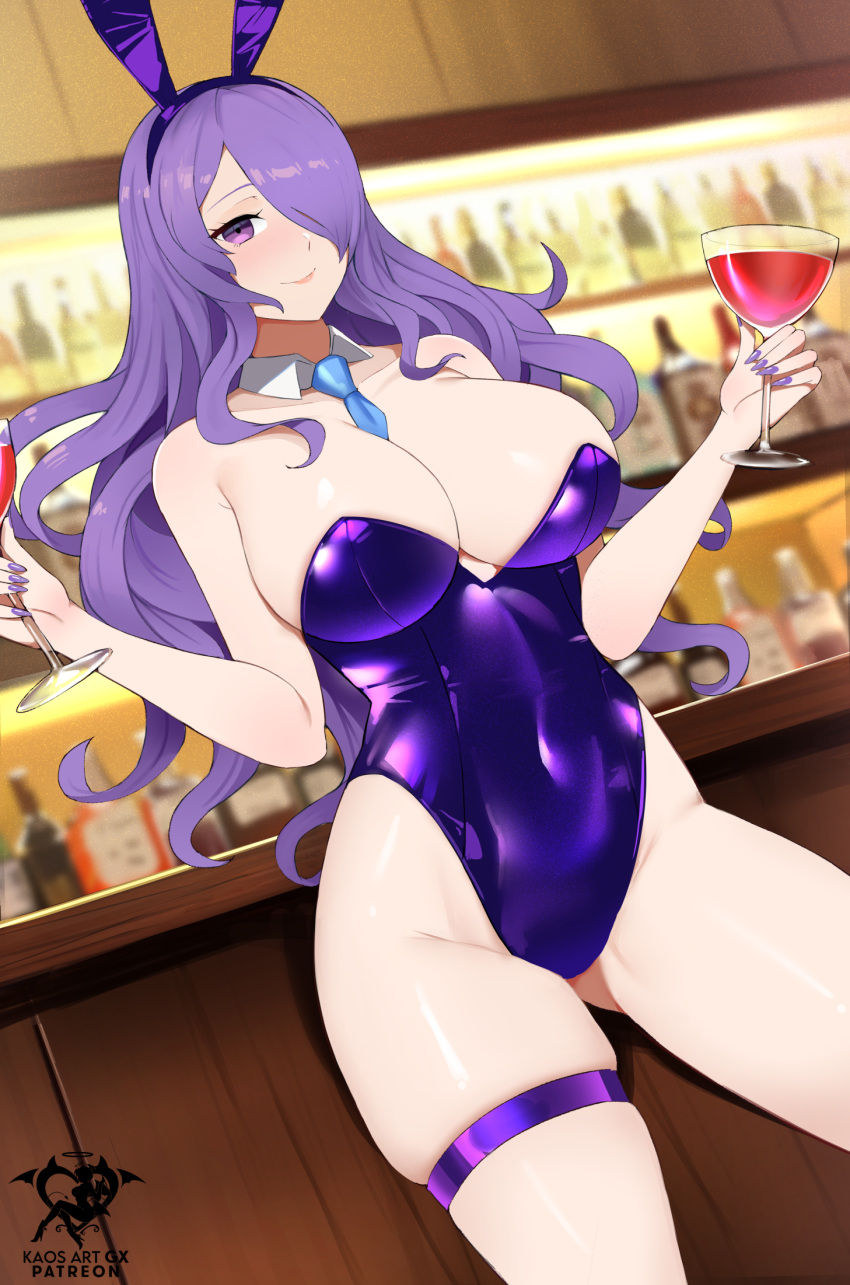 1girl alcohol animal_ears artist_logo bar_(place) bare_shoulders between_breasts blue_necktie blurry blurry_background breasts camilla_(fire_emblem) closed_mouth cup detached_collar drinking_glass fake_animal_ears fire_emblem fire_emblem_fates hair_over_one_eye hairband highleg highleg_leotard highres holding holding_cup kaos_art large_breasts leotard long_hair necktie necktie_between_breasts playboy_bunny purple_eyes purple_hair purple_hairband purple_leotard purple_nails rabbit_ears skindentation smile solo thigh_strap thighs wavy_hair wine_glass