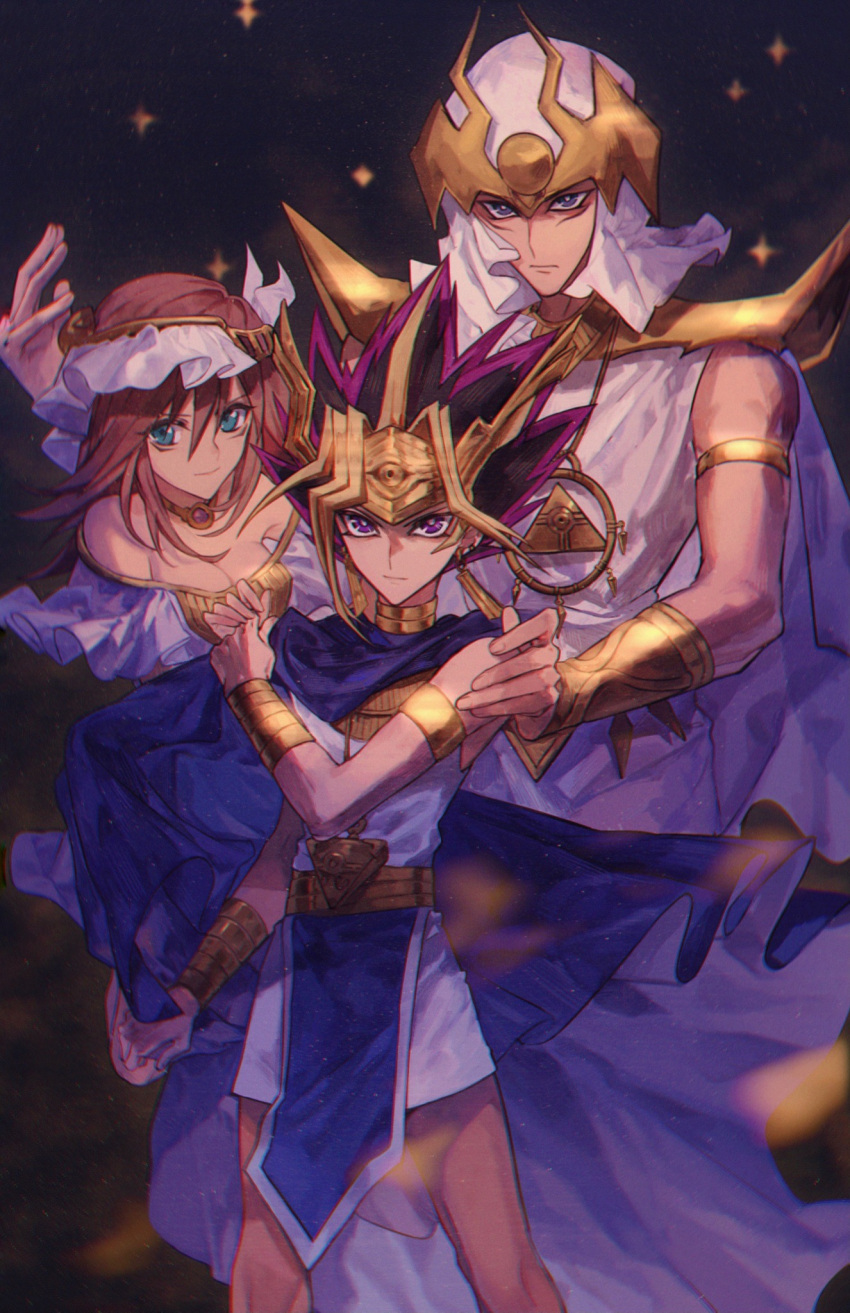 1girl 2boys armlet atem bad_id bad_lofter_id black_background black_hair blue_cape blue_eyes bracer breasts bright_pupils brown_hair cape cleavage clenched_hand dress egyptian_clothes facial_mark gold_belt gold_choker hand_on_another's_shoulder hand_up hands_up headdress headpiece highres jewelry light_smile long_hair looking_at_viewer mahado male_focus mana_(yu-gi-oh!) millennium_puzzle multicolored_hair multiple_boys naoki_(2rzmcaizerails6) necklace off-shoulder_dress off_shoulder purple_hair robe serious shoulder_spikes sparkle spiked_hair spikes streaked_hair usekh_collar vambraces white_robe white_tunic yu-gi-oh! yu-gi-oh!_duel_monsters