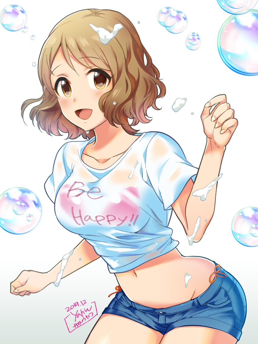 1girl absurdres blush breasts brown_eyes brown_hair collarbone cowboy_shot dated denim denim_shorts hand_up highres idolmaster idolmaster_cinderella_girls idolmaster_cinderella_girls_starlight_stage large_breasts leaning_forward looking_at_viewer navel open_mouth print_shirt saitou_yahu shirt short_sleeves shorts signature smile soap soap_bubbles solo standing text_print tsukimiya_miyabi wavy_hair white_background white_shirt