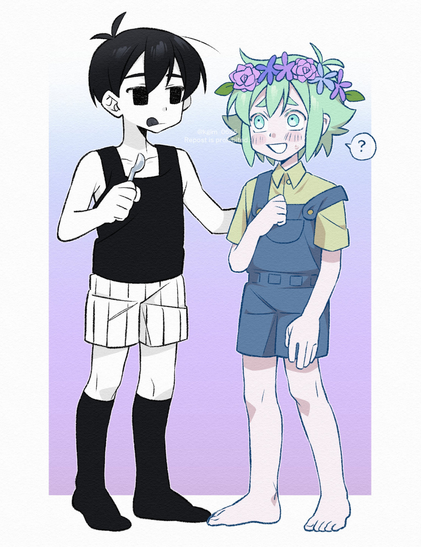 2boys ? absurdres basil_(headspace)_(omori) basil_(omori) black_eyes black_hair black_socks black_tank_top blue_overalls closed_mouth collarbone collared_shirt colored_skin green_eyes green_hair head_wreath highres holding holding_spoon kageimo kneehighs licking_lips looking_at_another multiple_boys nervous_sweating omori omori_(omori) open_mouth overalls shirt short_hair short_sleeves socks spoken_question_mark spoon sweat tank_top tongue tongue_out twitter_username white_skin yellow_shirt