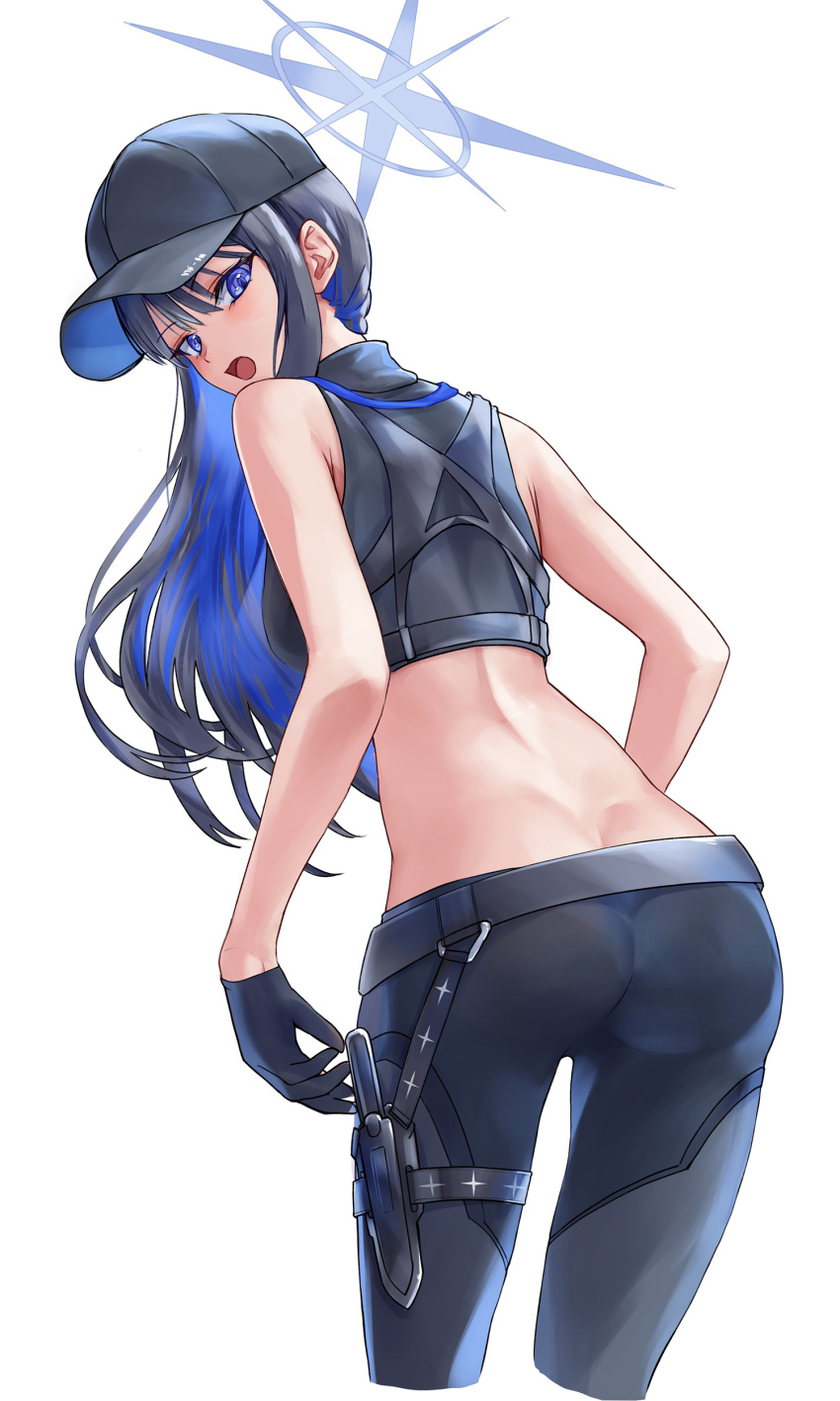 1girl absurdres ass bare_arms bare_shoulders baseball_cap belt black_belt black_gloves black_hair black_hat black_pants black_shirt blue_archive blue_hair breasts colored_inner_hair commentary_request crop_top cropped_legs from_behind gloves hat highres leggings looking_at_viewer medium_breasts midriff multicolored_hair noomaru_(nomorepeople) open_mouth pants saori_(blue_archive) shirt simple_background sleeveless sleeveless_shirt solo standing white_background