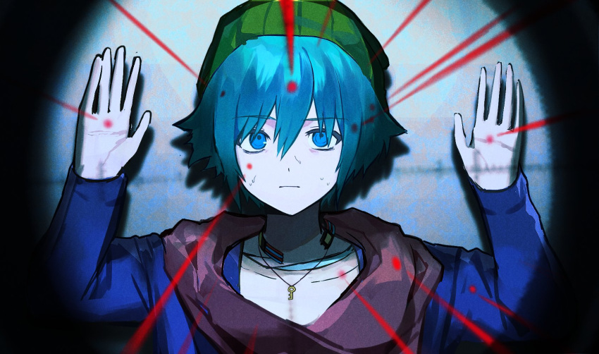 1boy beanie blue_eyes blue_hair blue_jacket choker closed_mouth expressionless gongbbang green_hat hands_up hat highres hiyori_sou jacket jewelry key key_necklace kimi_ga_shine laser laser_pointer_projection looking_at_viewer necklace red_scarf scarf solo sweat