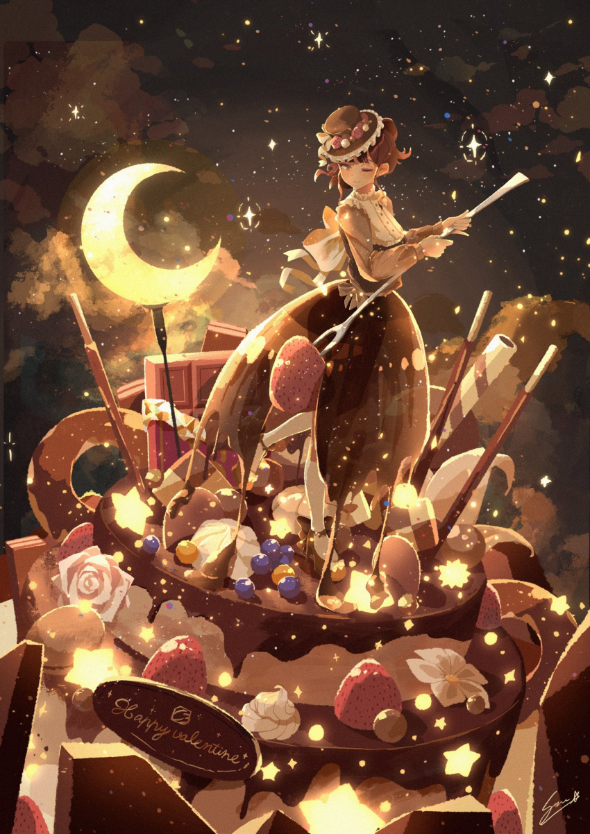 1girl atelier_umiyury blue_eyes blueberry bow brown_dress brown_hair brown_hat cake candy chocolate chocolate_cake cloud crescent_moon dress english_commentary flower food fork fruit happy_valentine hat highres holding holding_fork long_sleeves moon night night_sky original oversized_food oversized_object pocky short_hair signature sky socks solo star_(sky) star_(symbol) starry_sky strawberry wafer_stick whipped_cream white_flower white_socks