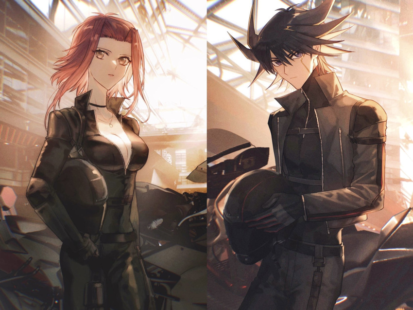 1boy 1girl bad_id bad_lofter_id black_bodysuit black_choker black_gloves black_hair black_jacket blonde_hair blue_eyes bodysuit breasts brown_eyes choker cleavage closed_mouth collarbone cowboy_shot facial_mark fudo_yusei gloves grey_jacket grey_pants hair_between_eyes hair_intakes helmet highres holding holding_helmet indoors izayoi_aki jacket jewelry long_hair long_sleeves looking_at_viewer medium_breasts motor_vehicle motorcycle multicolored_hair naoki_(2rzmcaizerails6) open_clothes open_jacket pants partially_unzipped pendant red_hair sidelocks spiked_hair standing turtleneck two-tone_hair unworn_headwear unworn_helmet unzipped upper_body yu-gi-oh! yu-gi-oh!_5d's