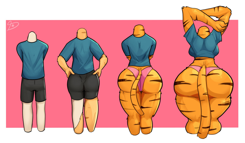 anthro big_breasts big_butt breasts butt butt_expansion clothed clothing dreamerknight expansion felid female gender_transformation growth hi_res huge_butt huge_hips huge_thighs human male mammal mtf_transformation pantherine simple_background solo species_transformation stripes tail thick_thighs tiger transformation wide_hips