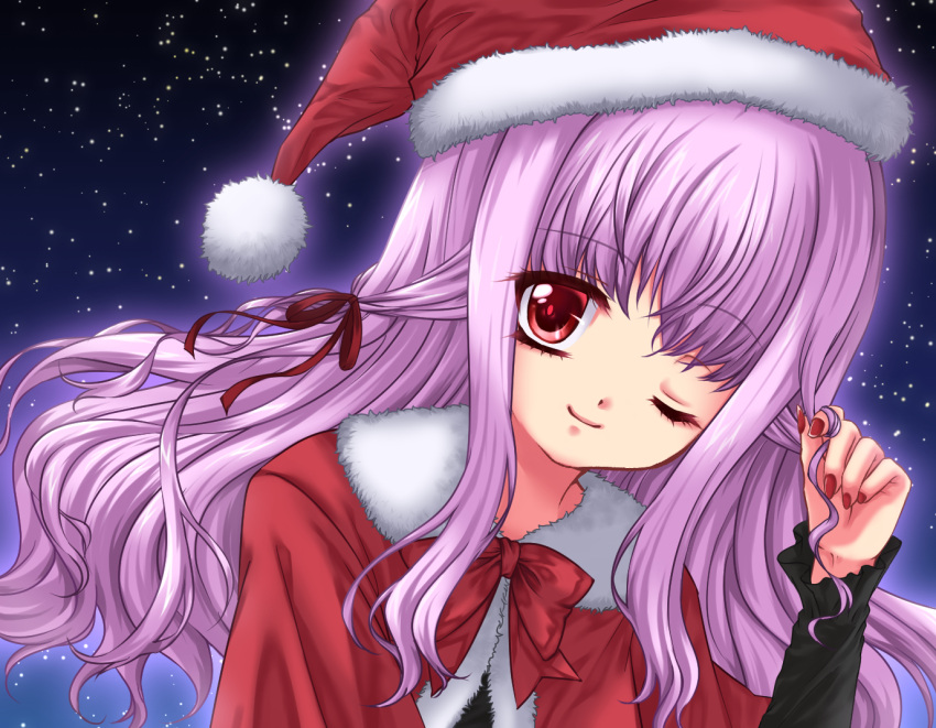 1girl cape christmas gore_screaming_show hair_ribbon hat long_hair looking_at_viewer night one_eye_closed oyu_(user_knws7432) purple_hair red_cape red_eyes red_ribbon ribbon santa_costume santa_hat sky smile solo star_(sky) starry_sky twirling_hair yuka_(gore_screaming_show)