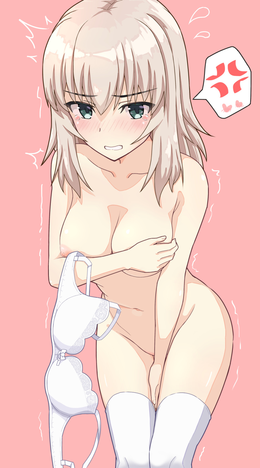 1girl ^^^ anger_vein blue_eyes blush bra breasts cevi79604876054 cleft_of_venus commentary completely_nude covering_breasts covering_crotch covering_privates cowboy_shot flying_sweatdrops frown girls_und_panzer grey_hair grimace highres holding holding_bra holding_clothes holding_underwear itsumi_erika leaning_forward looking_at_viewer medium_breasts medium_hair navel nipples nude pink_background simple_background solo spoken_anger_vein standing tearing_up thighhighs trembling underwear unworn_bra white_bra white_thighhighs