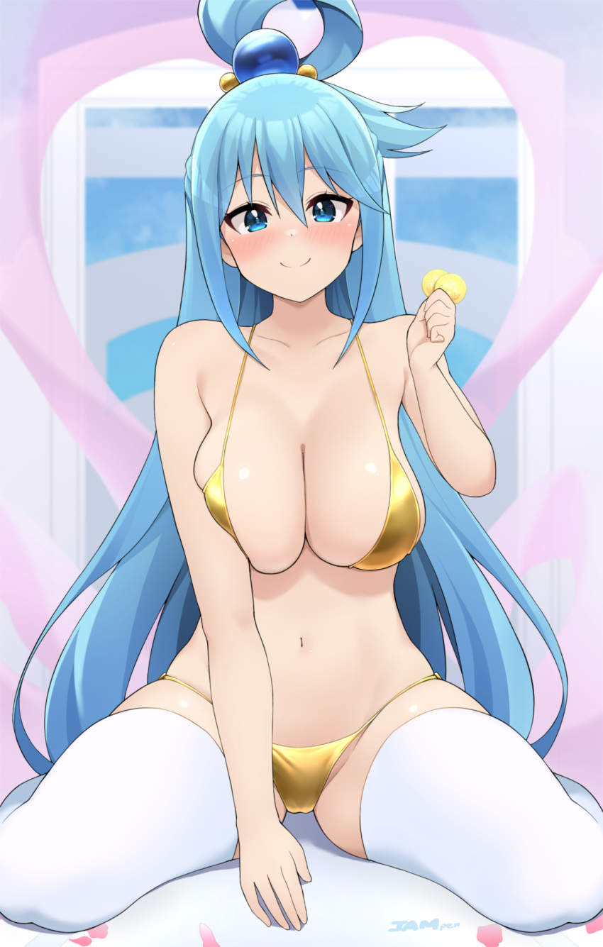 1girl aqua_(konosuba) bare_shoulders bikini blue_eyes blue_hair blush breasts cleavage collarbone hair_ornament highres jampen kono_subarashii_sekai_ni_shukufuku_wo! large_breasts long_hair looking_at_viewer navel single_hair_ring smile solo swimsuit thighhighs thighs