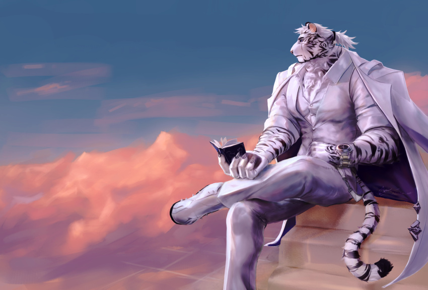 1boy animal_ears arknights bara book claws cloud cloudy_sky cross_scar dusk english_commentary furry furry_male highres hinnab_art holding holding_book looking_to_the_side male_focus mountain_(arknights) mountain_(book_reader)_(arknights) multiple_scars orange_sky pants pawpads ponytail profile scar scar_across_eye scar_on_cheek scar_on_face shirt sitting sitting_on_stairs sky sleeves_rolled_up stairs suit tail tiger_boy tiger_ears tiger_stripes tiger_tail vest watch white_footwear white_pants white_shirt white_suit white_vest wristwatch