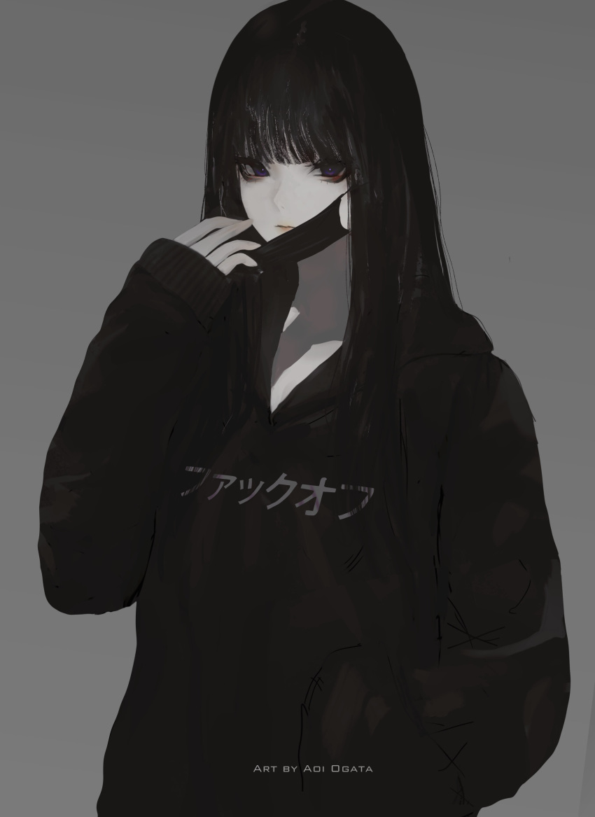 1girl absurdres aoi_ogata artist_name black_hair black_hoodie clip_studio_paint_(medium) closed_mouth clothes_writing grey_background hand_in_pocket hand_up hate-chan highres hood hood_down hoodie long_hair long_sleeves looking_at_viewer mask mask_pull mouth_mask original puffy_long_sleeves puffy_sleeves purple_eyes simple_background sleeves_past_wrists solo upper_body