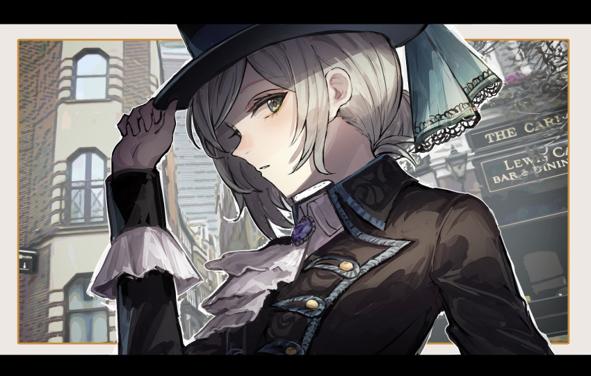 1girl ascot cityscape coat english_text grey_eyes grey_hair hair_bun hat highres holding holding_clothes holding_hat long_sleeves looking_at_viewer reverse:1999 siena_(moratoriummaga) single_side_bun solo top_hat vertin_(reverse:1999) white_ascot