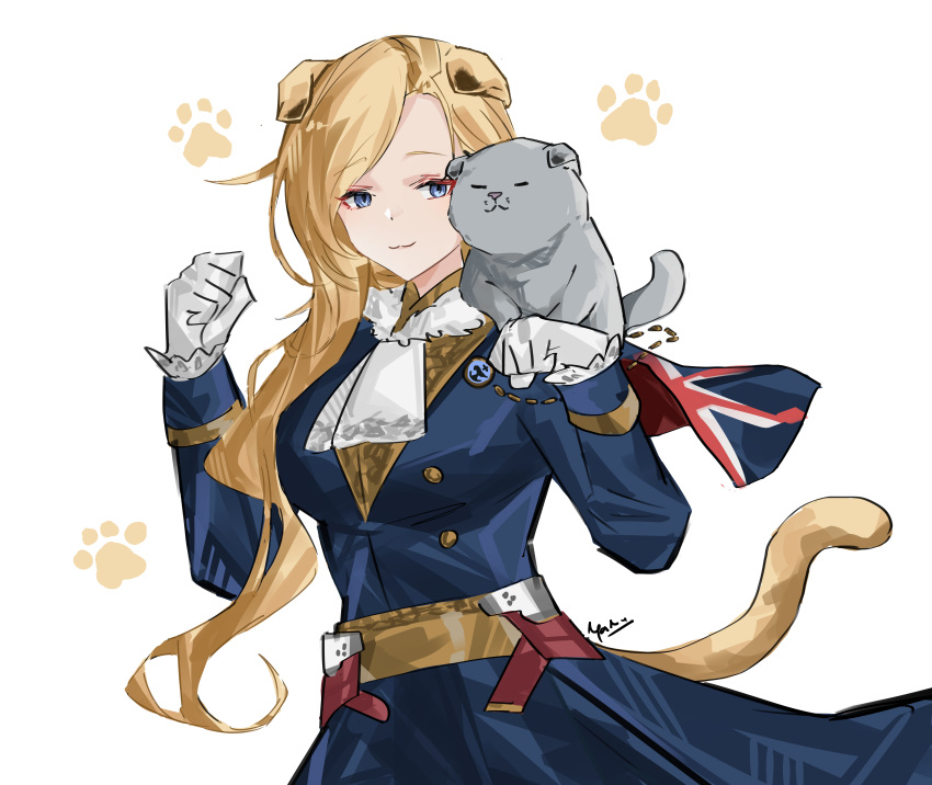 1girl :3 absurdres animal_ears animal_on_shoulder ascot azur_lane blonde_hair blue_dress blue_eyes breasts cat cat_ears cat_tail dress english_commentary gloves highres hood_(azur_lane) long_dress looking_at_viewer medium_breasts no_headwear paw_pose paw_print scottish_fold signature simple_background solo tail union_jack_print white_ascot white_background white_gloves yazu_(zoddiacz)