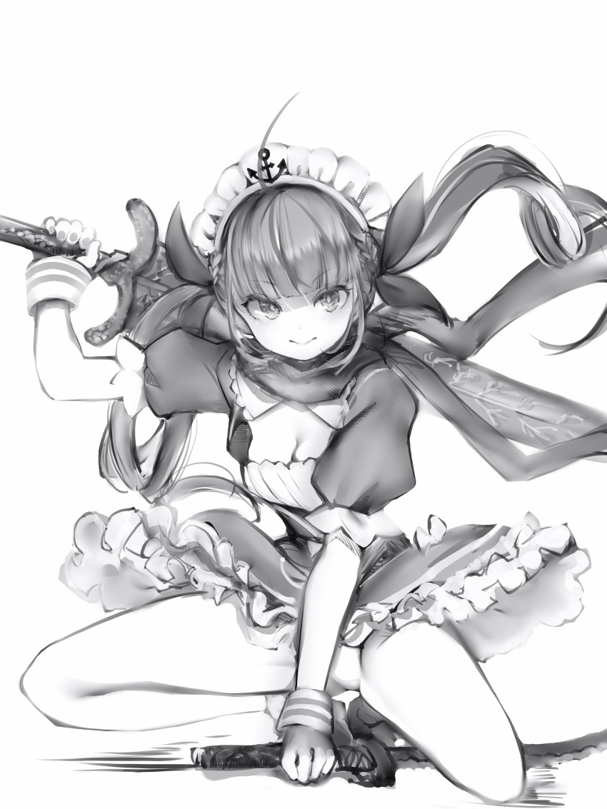1girl absurdres ahoge anchor_symbol bare_legs blunt_bangs braid braided_bangs breasts cleavage cleavage_cutout clothing_cutout dual_wielding frilled_skirt frills full_body greyscale hair_ribbon highres holding holding_sword holding_weapon hololive katana long_hair looking_at_viewer maid_headdress medium_breasts minato_aqua monochrome multicolored_hair nanashi_(nlo) over_shoulder panties pantyshot puffy_short_sleeves puffy_sleeves ribbon scarf short_sleeves simple_background skirt smile solo squatting sword sword_over_shoulder twintails underwear v-shaped_eyebrows virtual_youtuber weapon weapon_over_shoulder wrist_cuffs