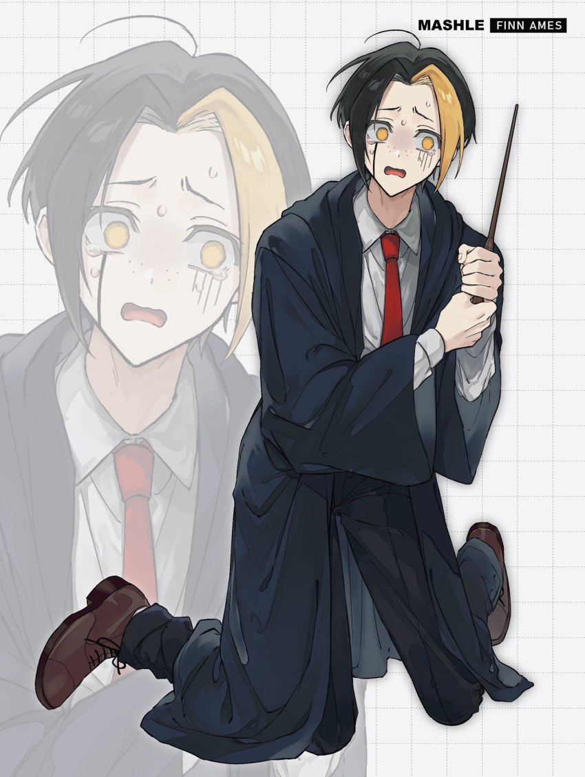 1boy black_hair black_robe brown_footwear collared_shirt facial_mark finn_ames full_body highres long_sleeves m_aizw mashle multicolored_hair necktie open_mouth red_necktie robe shirt short_hair solo split-color_hair wand white_shirt yellow_eyes