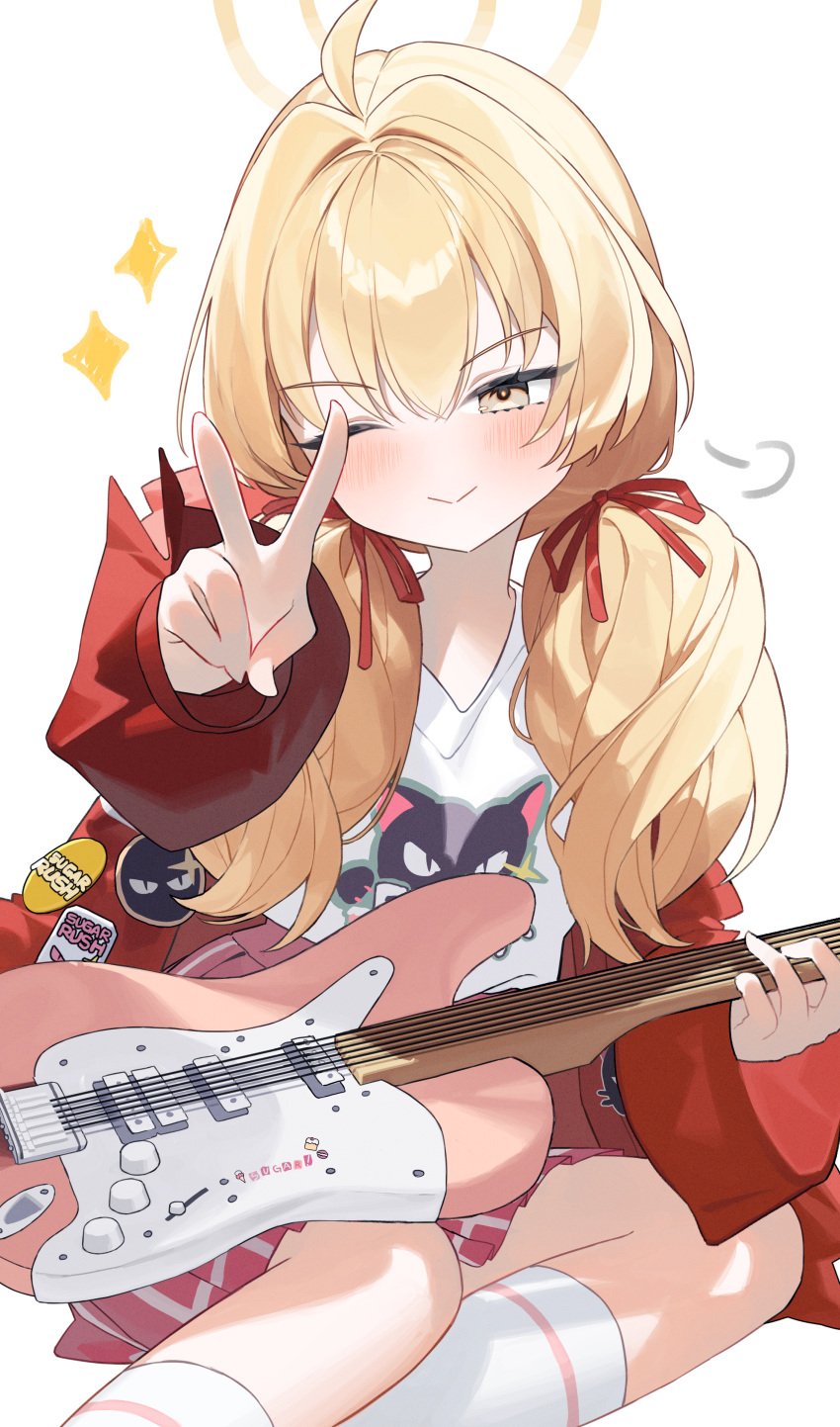 1girl ;) absurdres ahoge blonde_hair blue_archive blush closed_mouth commentary electric_guitar guitar hair_ribbon halo highres holding holding_instrument instrument jacket long_hair long_sleeves official_alternate_costume one_eye_closed red_jacket red_ribbon ribbon simple_background sitting smile solo thighhighs thighs tiko_(idadsa91) twintails v white_background white_thighhighs yellow_eyes yellow_halo yoshimi_(band)_(blue_archive) yoshimi_(blue_archive)