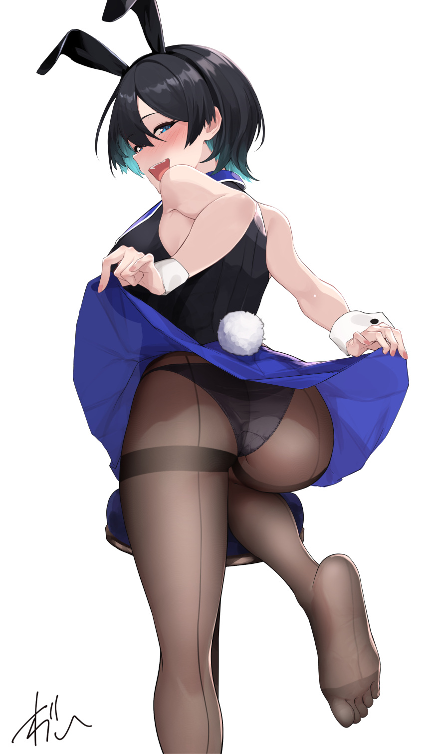 1girl absurdres animal_ears aqua_hair ass back-seamed_legwear bare_shoulders black_hair blue_eyes blue_skirt blush bunny_garden clothes_lift commentary fake_animal_ears fake_tail feet flashing foot_out_of_frame from_behind hair_between_eyes highres lifting_own_clothes looking_at_viewer looking_back miuka_(bunny_garden) multicolored_hair no_shoes nontraditional_playboy_bunny open_mouth oregano_(olgn_eao) panties panties_under_pantyhose pantyhose rabbit_ears rabbit_tail seamed_legwear short_hair signature simple_background skirt skirt_lift soles solo standing standing_on_one_leg tail thighband_pantyhose toes two-tone_hair underwear white_background wrist_cuffs