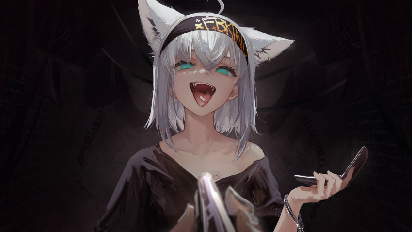 1girl absurdres ahoge animal_ears aqua_eyes black_background black_headband black_shirt buckshot_roulette cellphone cuffs double-parted_bangs earrings fangs flip_phone fox_ears fox_girl gold_earrings gun handcuffs headband highres holding holding_phone holding_weapon hololive hyde_(tabakko) jewelry looking_at_viewer medium_hair off_shoulder open_mouth phone pill shirakami_fubuki shirt shotgun sidelocks single_off_shoulder tongue tongue_out virtual_youtuber weapon white_hair