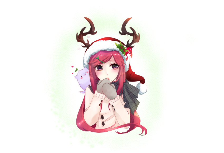 1girl :3 animal_on_shoulder antlers blush cold commentary fake_antlers fur-trimmed_headwear fur_trim grey_mittens grey_scarf hat highres holly_hat_ornament horns lanmei_jiang long_hair long_sleeves looking_to_the_side medium_bangs ming_wei_aiqing_de_chibang mittens open_mouth pink_hair plaid plaid_scarf purple_eyes red_hat santa_hat scarf solo sweater swept_bangs transparent_background undersized_animal upper_body white_sweater wolf