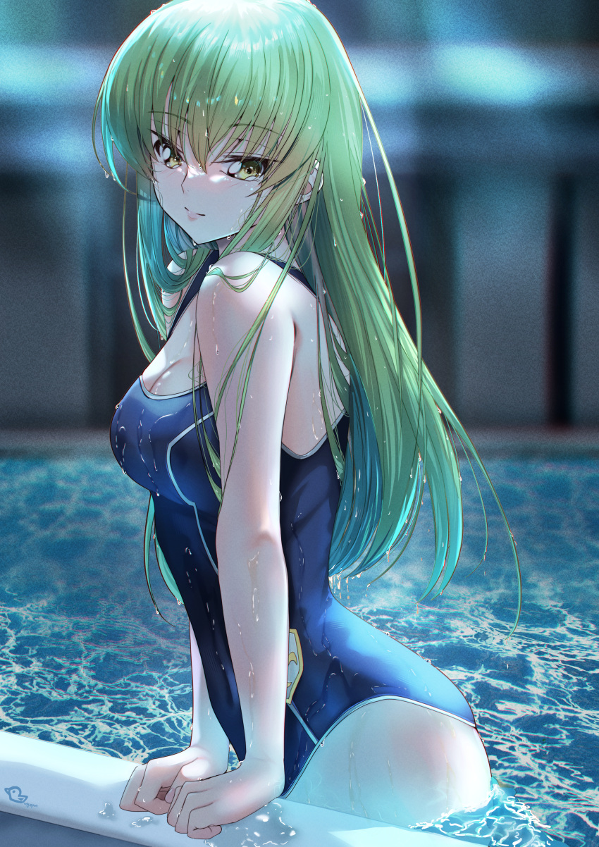 1girl absurdres arm_support bare_arms bare_shoulders blue_one-piece_swimsuit blurry blurry_background breasts budgiepon c.c. cleavage closed_mouth code_geass commentary cowboy_shot curvy eyes_visible_through_hair from_side green_hair hair_between_eyes hair_over_shoulder highres light_blush lips long_hair looking_at_viewer medium_breasts nose one-piece_swimsuit pool poolside school_swimsuit signature skindentation smile solo split_mouth straight_hair swimsuit translated very_long_hair wet wet_clothes wet_hair wet_swimsuit yellow_eyes