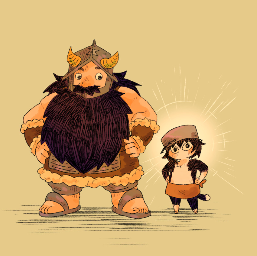 1boy 1girl beard black_hair brown_hair cat_girl cooking_pot cutystuffy deformed dungeon_meshi dwarf facial_hair fake_horns full_body hands_on_own_hips height_difference helmet horned_helmet horns izutsumi long_beard looking_ahead proud senshi_(dungeon_meshi) side-by-side sideways_glance standing sunburst thick_mustache very_long_beard